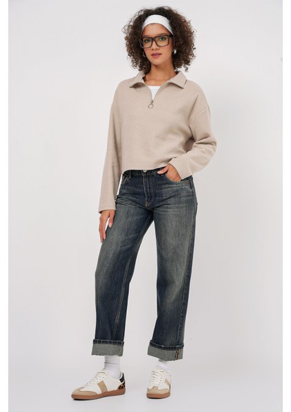 Kadın BDART Rahat Fit, Fermuarlı Yaka Kısa Kazak Krem Doğal