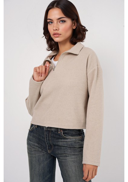 Kadın BDART Rahat Fit, Fermuarlı Yaka Kısa Kazak Krem Doğal fiyatları