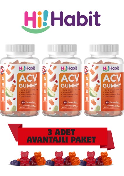Elma Sirkeli Gummy Folik Asit Içeren Sindirim ve Takviye Edici Gıda Vegan Gummies 3lü Set