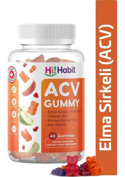 Elma Sirkeli Gummy Folik Asit Içeren Sindirim ve Takviye Edici Gıda Vegan Gummies 3lü Set fiyatları