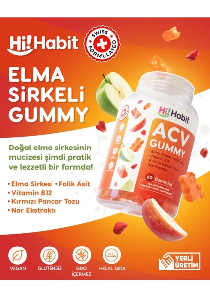 Elma Sirkeli Gummy Folik Asit Içeren Sindirim ve Takviye Edici Gıda Vegan Gummies 3lü Set modelleri