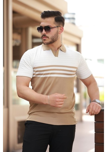 Erkek Çizgi Desenli Yakalı Kısa Kollu T-Shirt