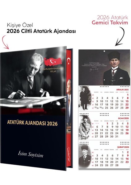 Kişiye Özel 2026 Atatürk Ciltli Ajanda ve Atatürk Gemici Takvim - Gazi