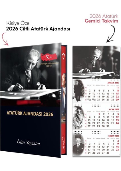 Kişiye Özel 2026 Atatürk Ciltli Ajanda ve Atatürk Gemici Takvim - Imza