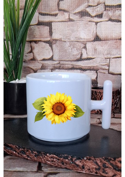 Ayçiçeği Baskılı T Kulplu Latte Fincanı Kupa Bardak
