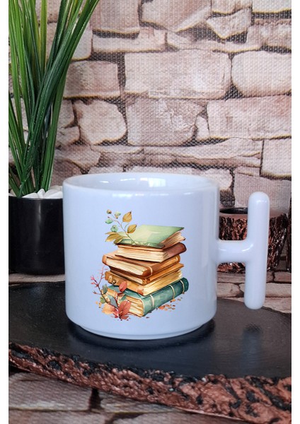 Renkli Kitaplar Baskılı T Kulplu Latte Fincanı Kupa Bardak