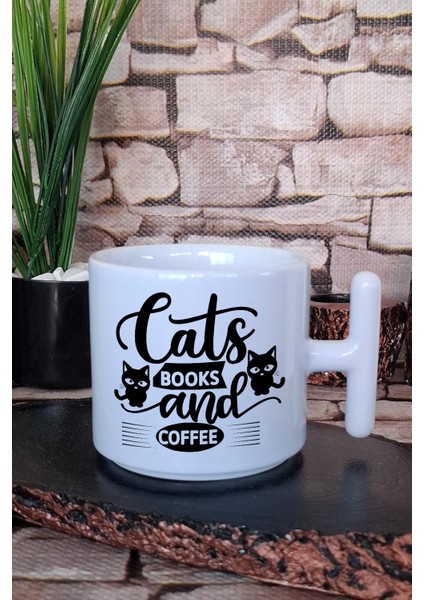 Cats Books And Coffee Temalı Kedi Kitap Kahve Hediyelik Baskılı T Kulplu Latte Fincanı Kupa Bardak