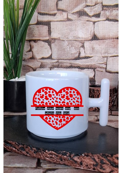 Yazı ve Kırmızı Kalp Baskılı T Kulplu Latte Fincanı Kupa Bardak