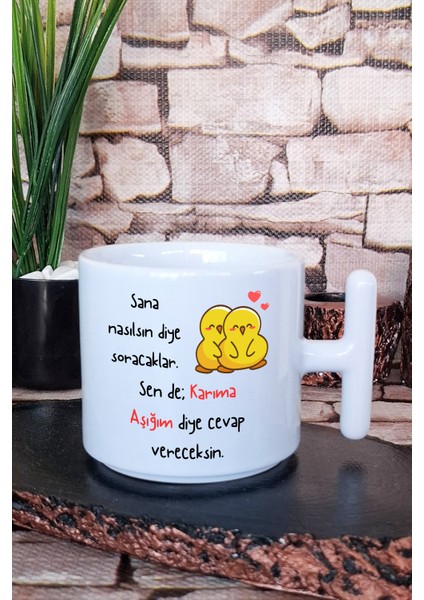 Eş, Sevgili, Çift, Karı Koca Eğlenceli Hediyelik T Kulplu Latte Fincanı Kupa Bardak