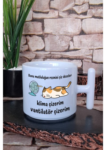 Mutluluğun Resmi-Kedi Baskılı Eğlenceli Komik Hediyelik T Kulplu Latte Fincanı Kupa Bardak