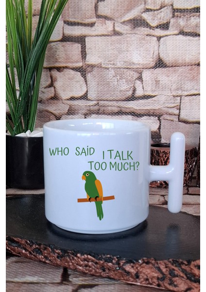 Yazı ve Papağan Baskılı T Kulplu Latte Fincanı Kupa Bardak