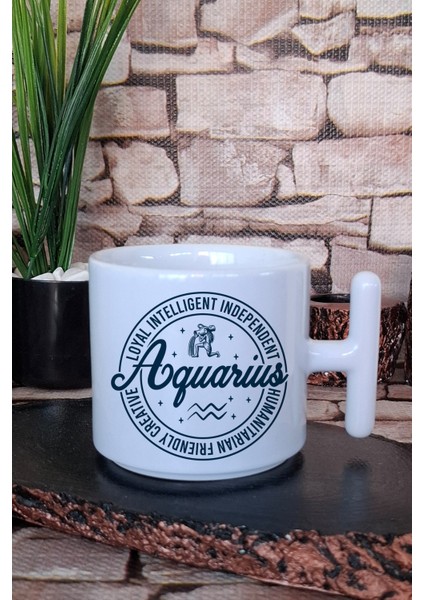 Aquarius Traits Baskılı Kova Burcu Hediyelik Baskılı T Kulplu Latte Fincanı Kupa Bardak