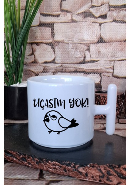 Uçasım Yok-Bezgin Kuş Baskılı Eğlenceli Hediyelik T Kulplu Latte Fincanı Kupa Bardak