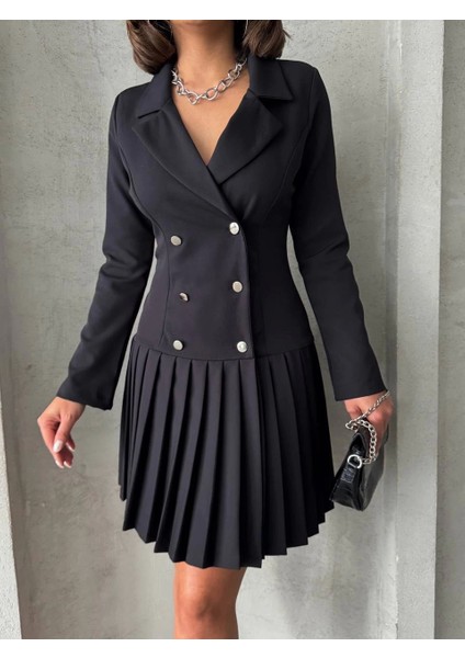 Altı Piliseli Uzun Kollu Ceket Elbise Siyah