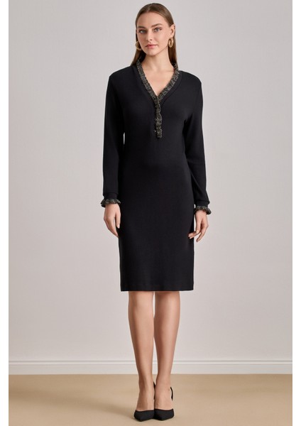 Takma Kol Siyah Örme Elbise