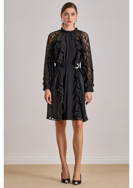 Dökümlü Siyah Krep Elbise