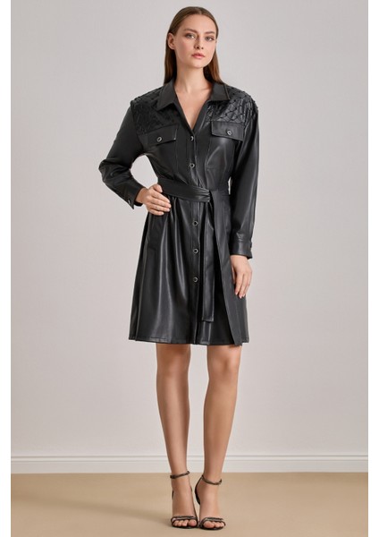 Diz Üstü Siyah Deri Elbise