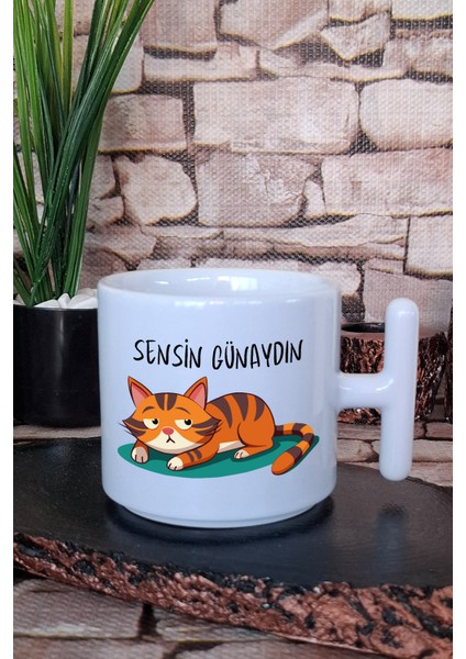 Sensin Günaydın Sevimli Kedi Baskılı Komik Hediye T Kulplu Latte Fincanı Kupa Bardak