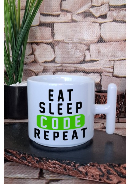 Eat Sleep Code Repeat 2 Baskılı Yazılımcı Hediyelik Baskılı T Kulplu Latte Fincanı Kupa Bardak