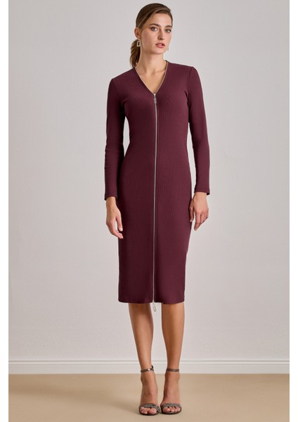 Midi Bordo Kaşkorse Elbise