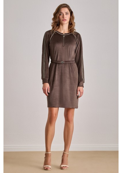 Diz Üstü Kahverengi Kadife Elbise