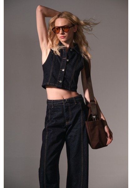 %100 Pamuk Raw Denim Kısa Metal Düğmeli Kolsuz Kadın Jean Yelek @modena