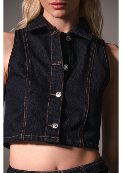 %100 Pamuk Raw Denim Kısa Metal Düğmeli Kolsuz Kadın Jean Yelek @modena fiyatları