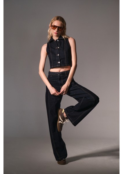 %100 Pamuk Raw Denim Kısa Metal Düğmeli Kolsuz Kadın Jean Yelek @modena modelleri