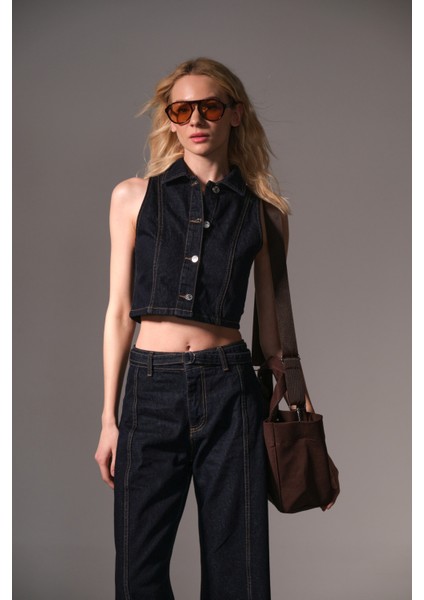 %100 Pamuk Raw Denim Kısa Metal Düğmeli Kolsuz Kadın Jean Yelek @modena fırsatları