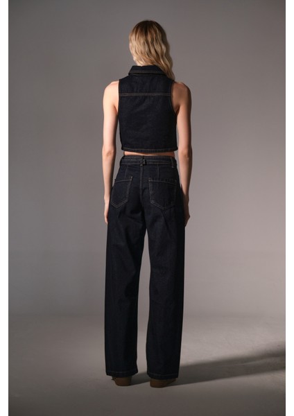 %100 Pamuk Raw Denim Kısa Metal Düğmeli Kolsuz Kadın Jean Yelek @modena indirimleri