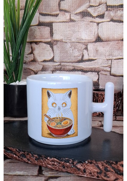 Ramen Sevimli Kedi Baskılı Japon Noodle Anime Manga Baskılı T Kulplu Latte Fincanı Kupa Bardak