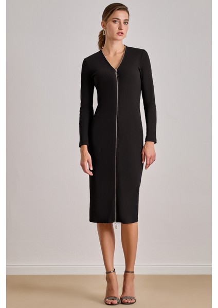 Midi Siyah Kaşkorse Elbise