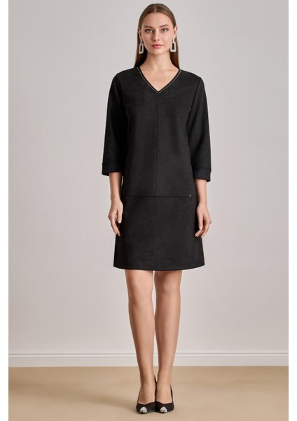 Diz Boy Siyah Süet Elbise