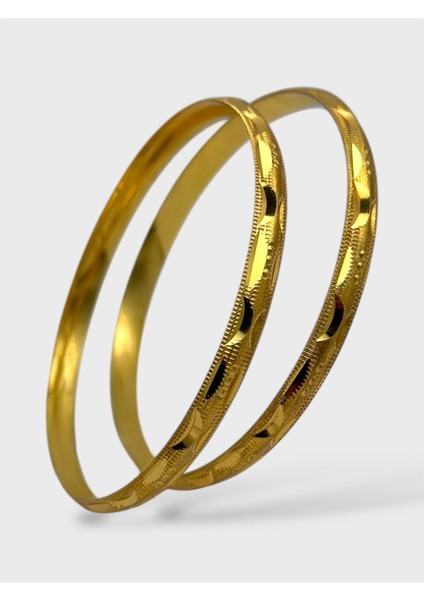 Çelik 22 Ayar Altın Kaplama Desenli Kalın Ajda Bilezik - 2 Adet