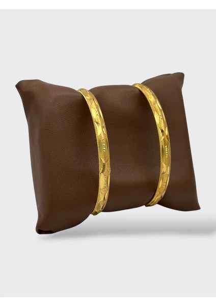 Çelik 22 Ayar Altın Kaplama Desenli Kalın Ajda Bilezik - 2 Adet modelleri