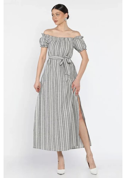 Madonna Yaka Midi Yırtmaçlı Kuşaklı Keten Elbise Gri