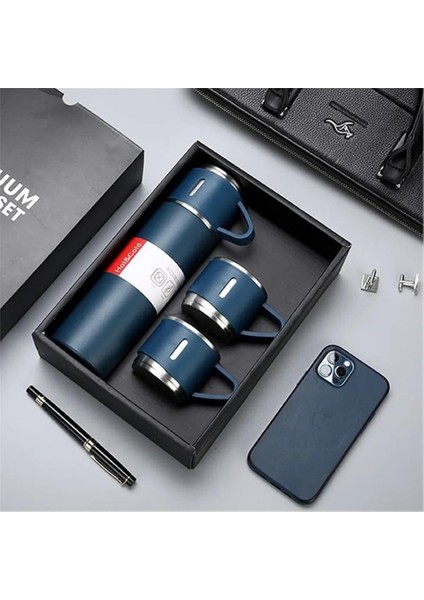 Kişiselleştirilebilir 3 Bardaklı Çelik Termos 05 Lt Mavi