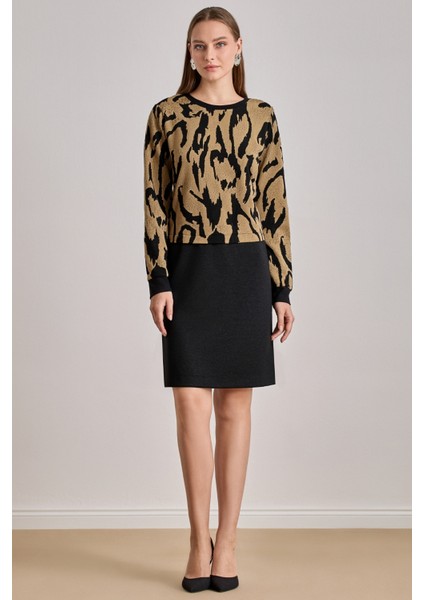 Diz Boy Çok Renkli Jakarlı Elbise