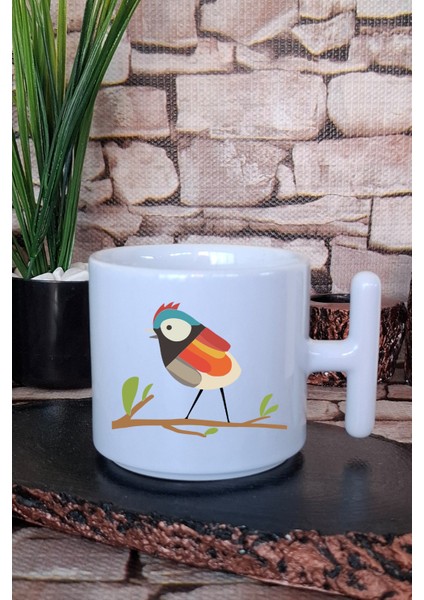 Renkli Cıvıl Cıvıl Kuş Baskılı T Kulplu Latte Fincanı Kupa Bardak