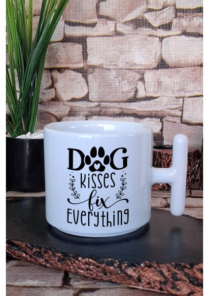 Dog Kisses Fix Everything Yazılı Köpeksever Hediyelik Baskılı T Kulplu Latte Fincanı Kupa Bardak