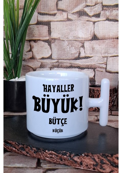 Hayaller Büyük Enerji Sıfır Komik Yazılı T Kulplu Latte Fincanı Kupa Bardak
