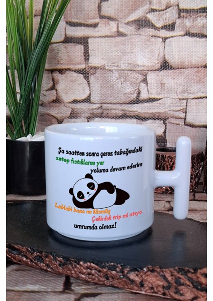 Yoluma Devam Ederim -Panda Baskılı Hediyelik Eğlenceli T Kulplu Latte Fincanı Kupa Bardak