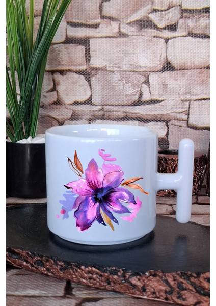 Mor Çiçek Baskılı T Kulplu Latte Fincanı Kupa Bardak