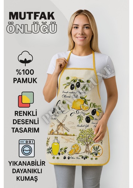 %100 Pamuk Zeytin ve Limon Desenli Mutfak Önlüğü – Yıkanabilir Dayanıklı Kumaş modelleri