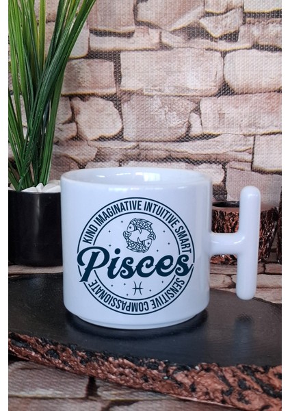 Pisces Traits Baskılı Balık Burcu Hediyelik Baskılı T Kulplu Latte Fincanı Kupa Bardak