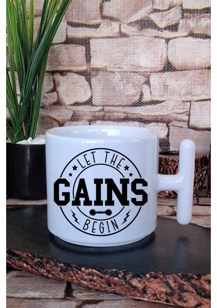 Let The Gains Begin Yazılı Gym Spor Fitness Hediye Baskılı T Kulplu Latte Fincanı Kupa Bardak