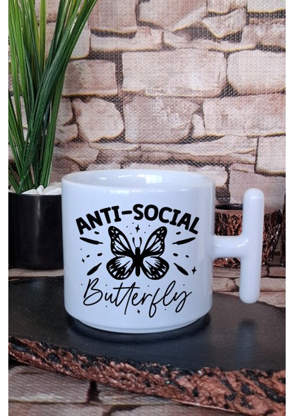 Anti Social Butterfly Baskılı Komik Hediye Baskılı T Kulplu Latte Fincanı Kupa Bardak