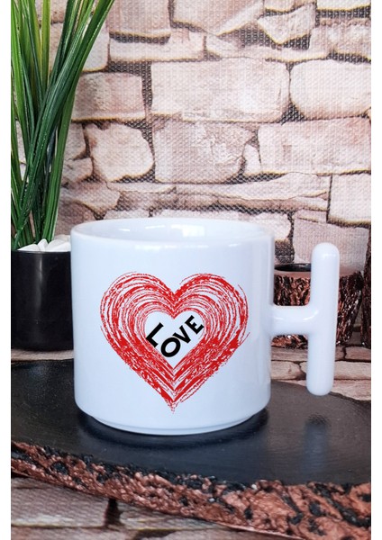 Kalpte Love Baskılı Hediyelik T Kulplu Latte Fincanı Kupa Bardak