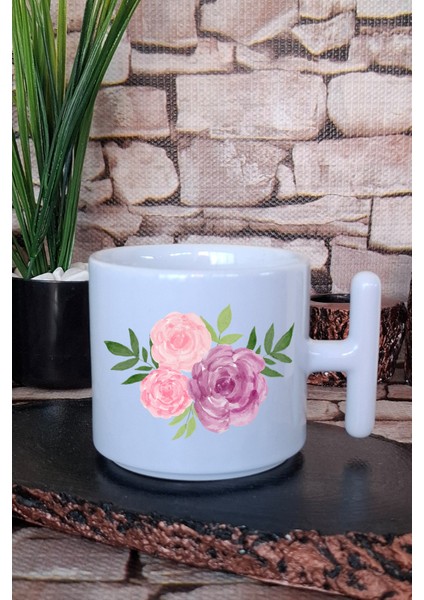 Minimalist Pembe ve Mor Gül Baskılı T Kulplu Latte Fincanı Kupa Bardak