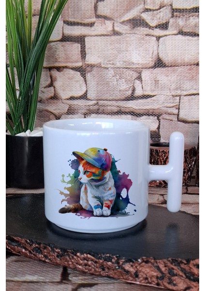 Pop Art Sevimli Kedi Baskılı T Kulplu Latte Fincanı Kupa Bardak